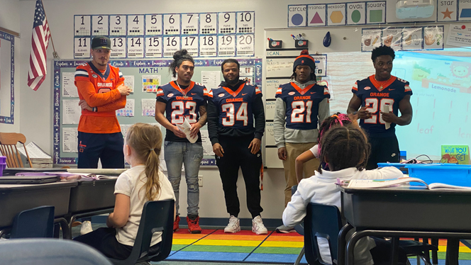 Syracuse football players introducing themselves to class.