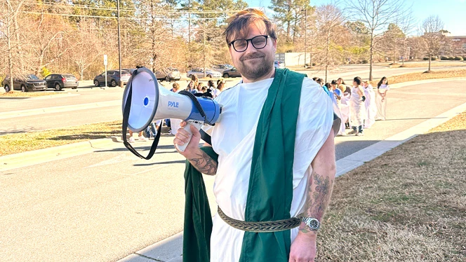 K-8 School in Apex: Peak teacher Mr. Dobosz at The Greek Games.