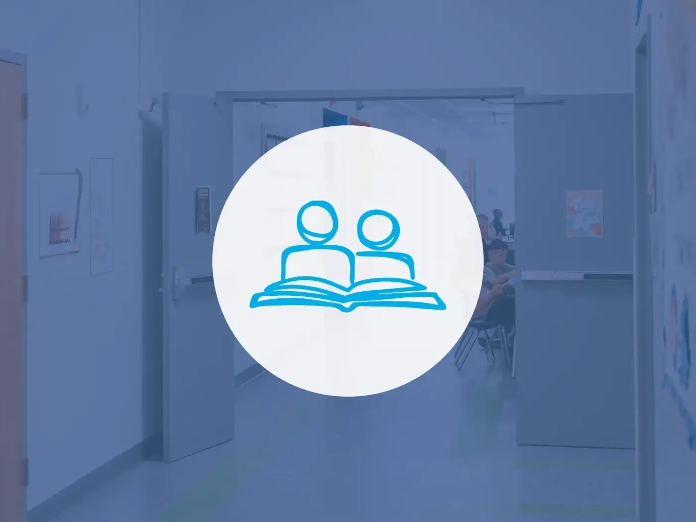 Classroom hallway and doors with student and parent icon.