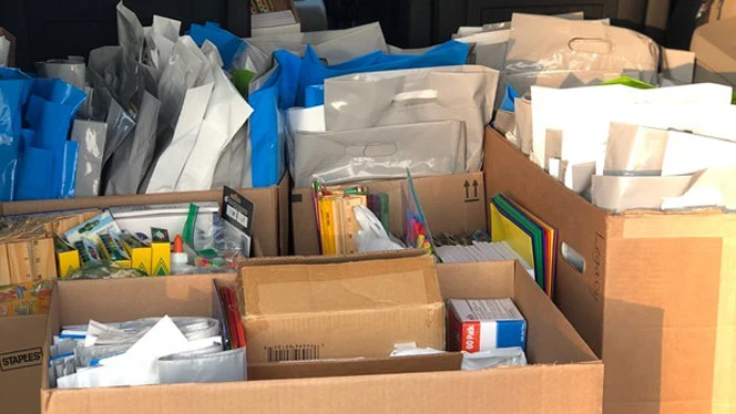 Boxes of school supplies. Boxes of school supplies.