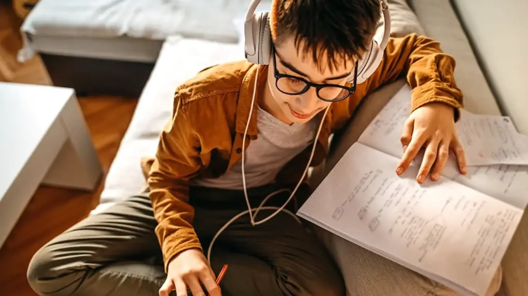 a boy wearing headphones and writing on a notebook