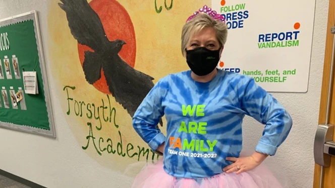 Wendy Barajas wearing blue shirt and pink tutu Wendy Barajas wearing blue shirt and pink tutu