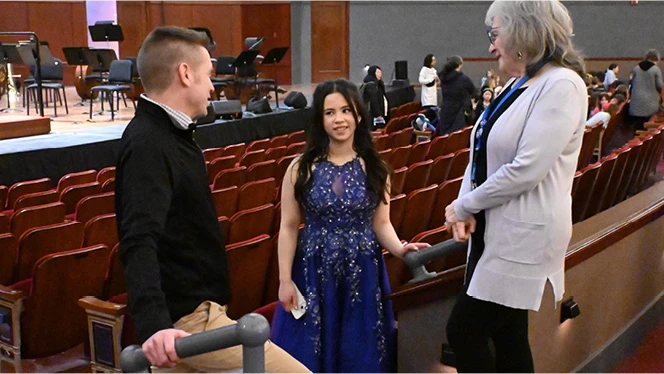 K-8 School in Ypsilanti: South Arbor's Selah Dowell talks with former teachers.