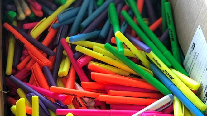 A box of highlighters. A box of highlighters.