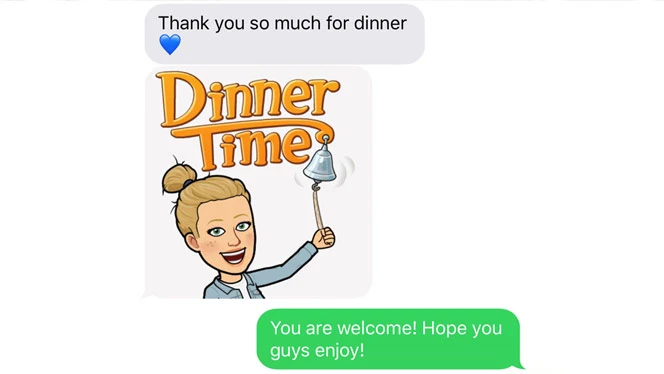 Screenshot of a text message thanking the other person for dinner. Screenshot of a text message thanking the other person for dinner.