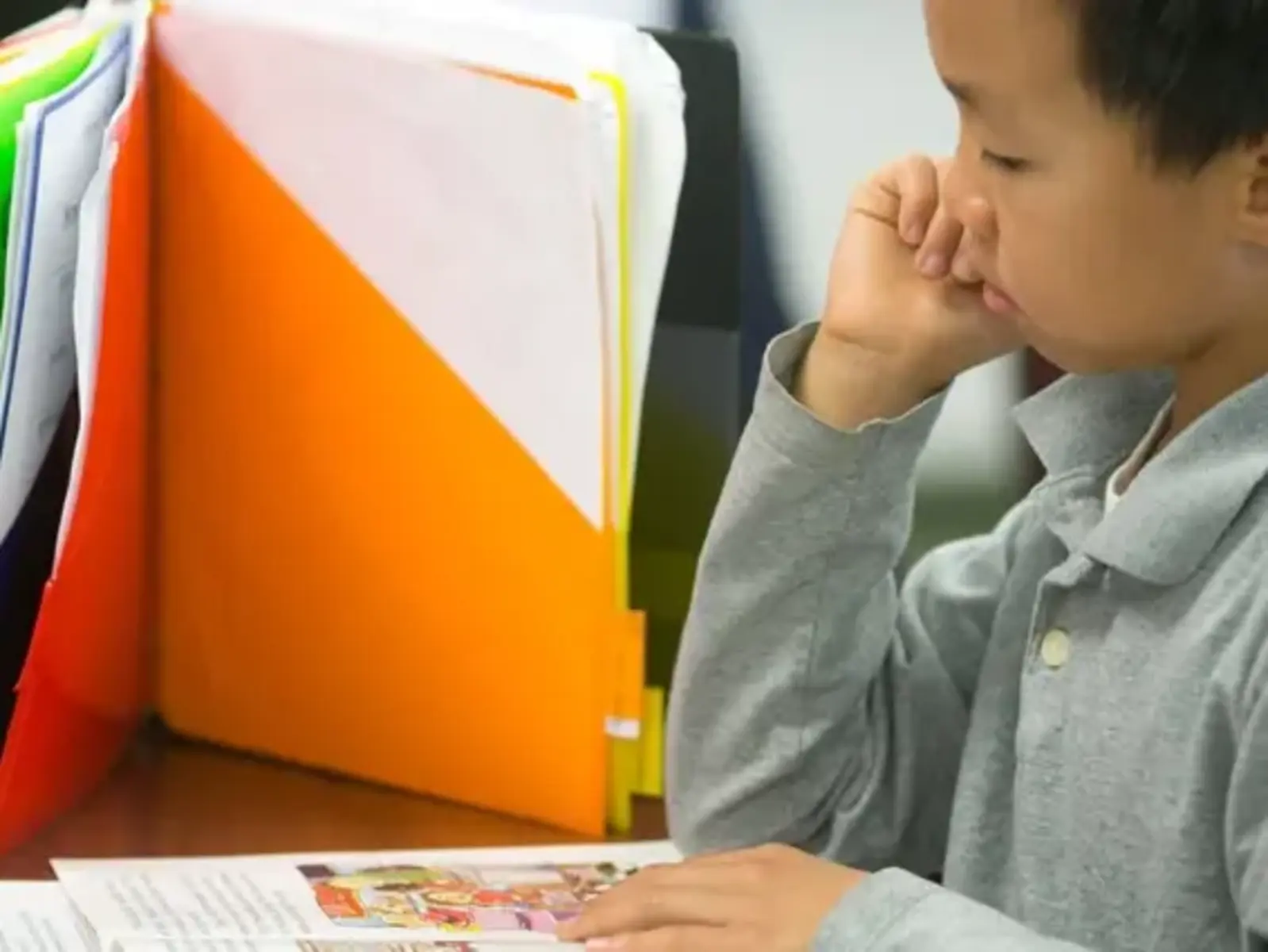 K-8 School in Canton: Student reading book at desk.