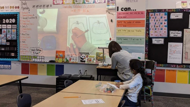 Teacher projecting her drawing. Teacher projecting her drawing.