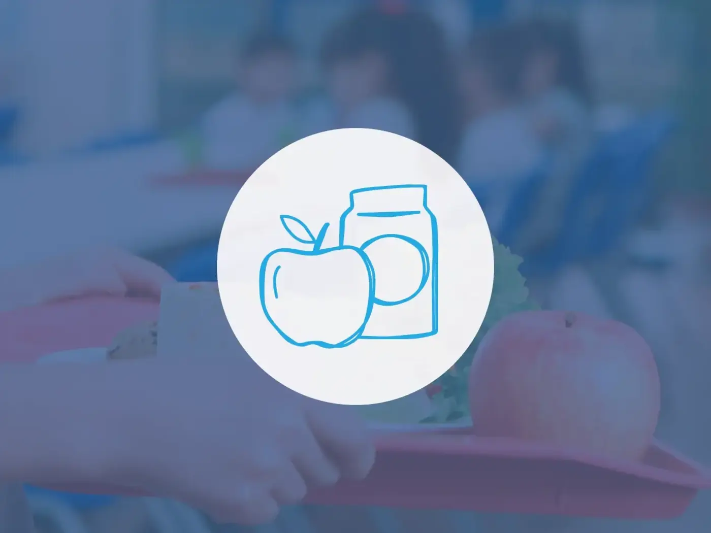 Lunch tray with apple and milk icon.