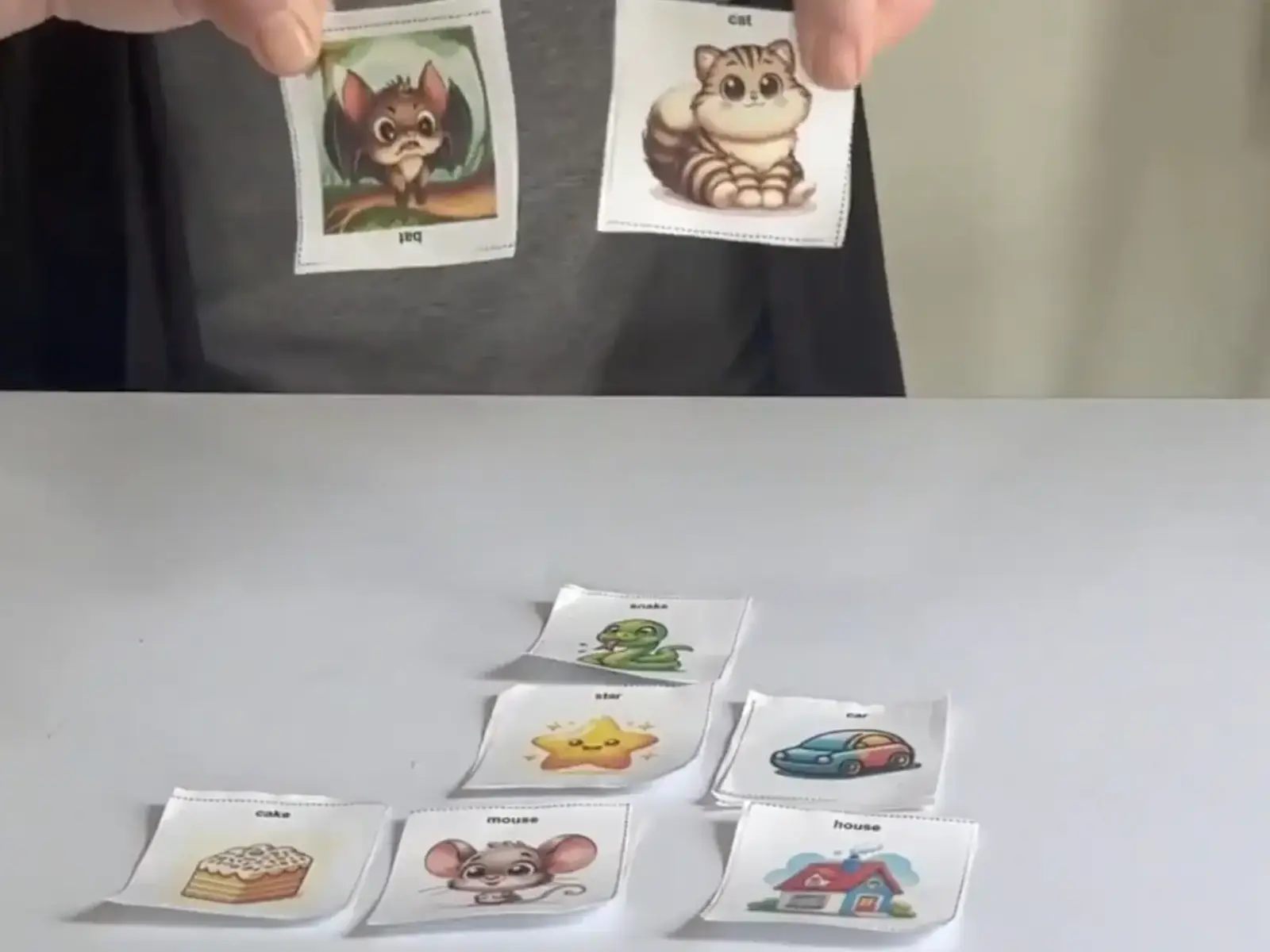 Teaching holding up images of animals.