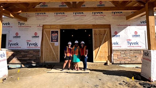 Women posing in construction zone
