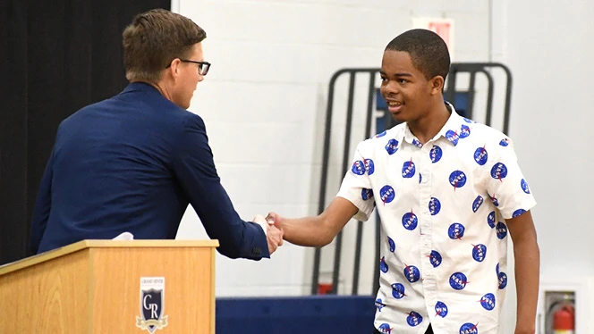 K-8 School in Grand Rapids: Ridge Park student, Designer James, took second place at local civics bee.