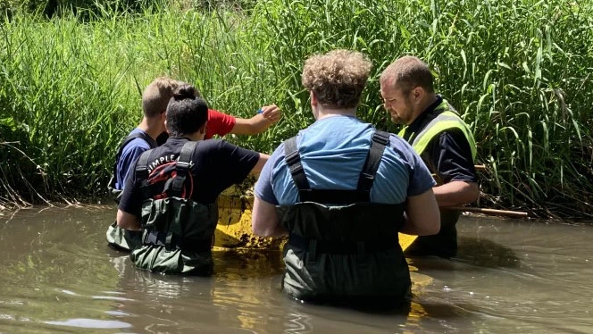 People standing waste high in water. People standing waste high in water.