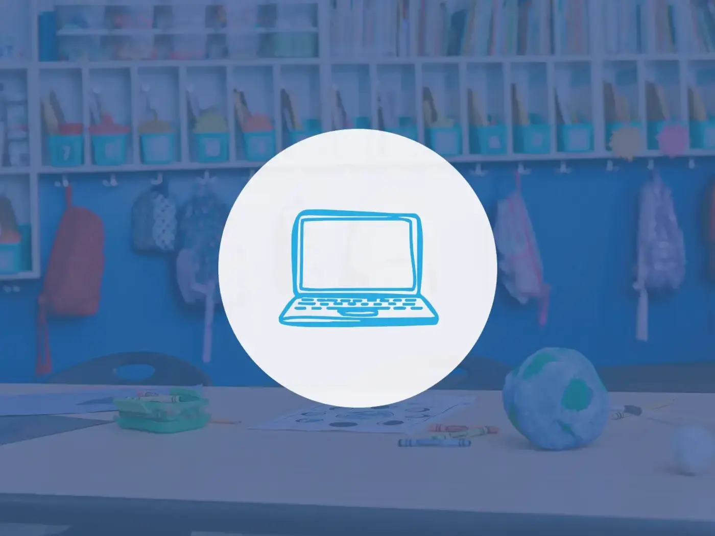 Shot of a classroom with computer icon.