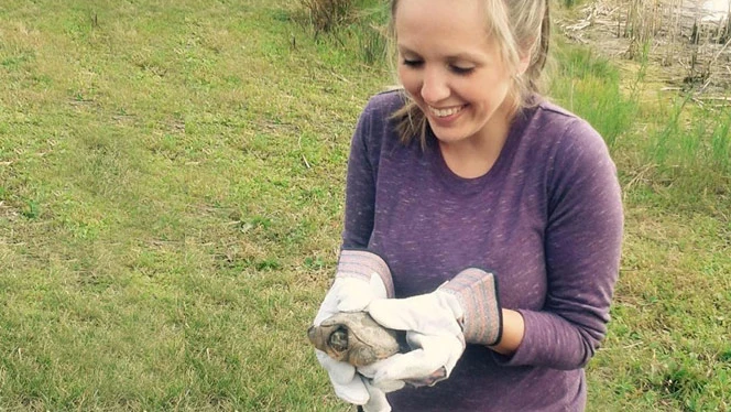 A woman holding a turtle. A woman holding a turtle.