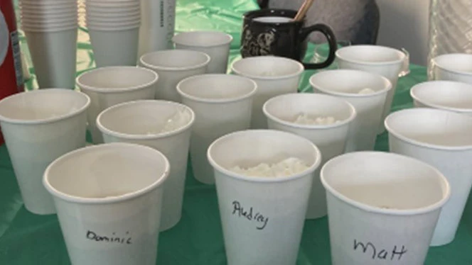 Mocha Frappuccinos in paper cups. Mocha Frappuccinos in paper cups.