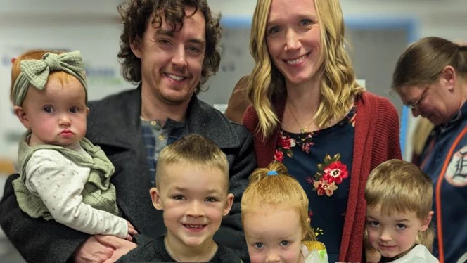 Bethany Garbutt’s husband and four children surprised her at the announcement assembly at Quest. Bethany Garbutt’s husband and four children surprised her at the announcement assembly at Quest.