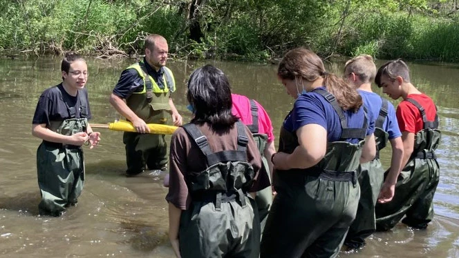 People standing knee deep in marshy water. People standing knee deep in marshy water.