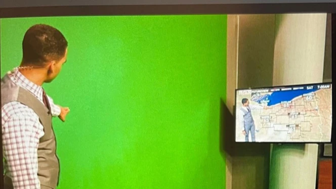 Michael Estime pointing to a green screen