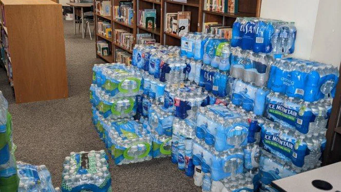 Packages of water bottles.