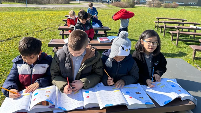 Students doing classwork outside.