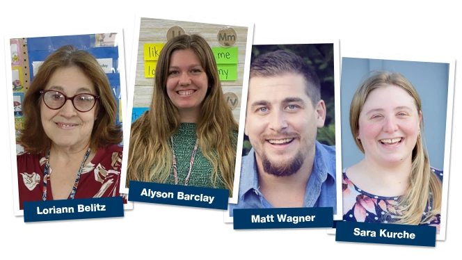 Loriann Belitz, Alyson Barclay, Matt Wagner, and Sara Kurche smiling Loriann Belitz, Alyson Barclay, Matt Wagner, and Sara Kurche smiling