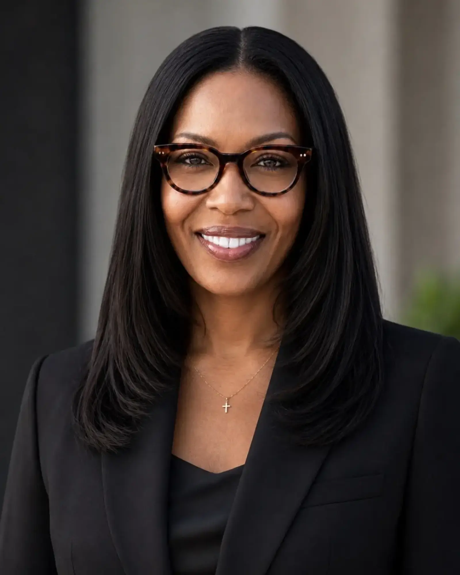 a woman wearing glasses and a suit