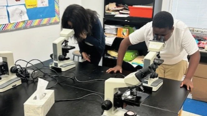 K-8 School in Wake Forest: Wake Forest Charter Academy seventh grade scholars look through microscopes during their science class.