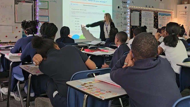 K-8 School in Southfield: Ms. Winter, a fifth-grade teacher at Laurus Academy, teaches her math class.