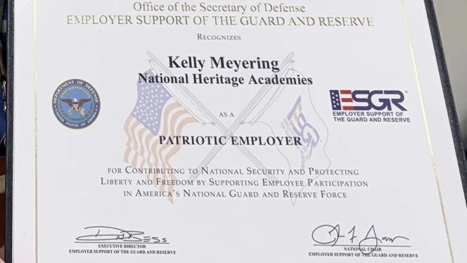 K-8 School in Commerce City: Landmark Academy at Reunion principal is awarded the Patriotic Employer Award.