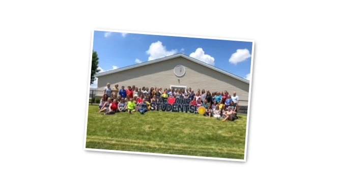 Class gathered outside. Class gathered outside.