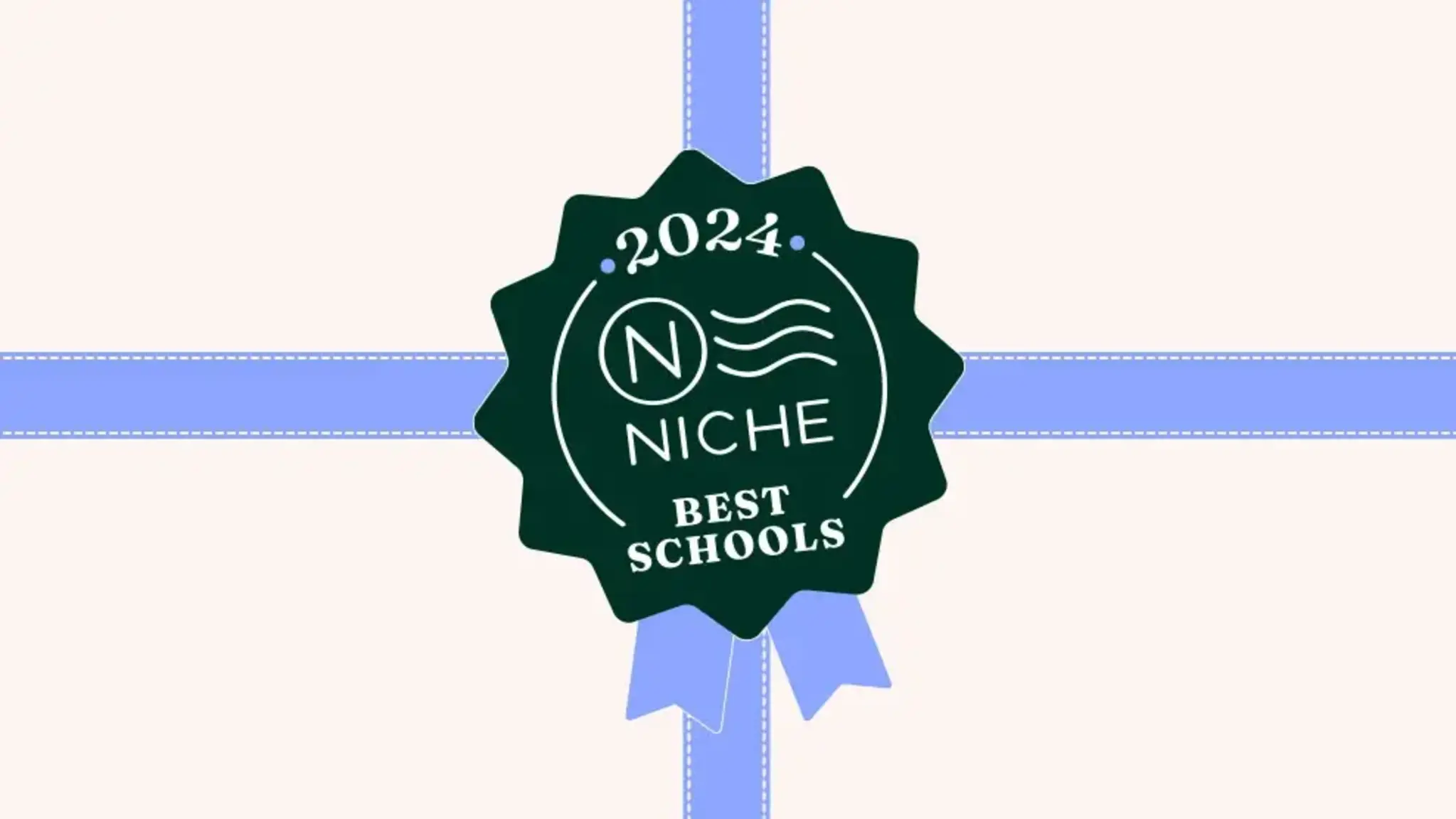 a green badge with white text and blue ribbons