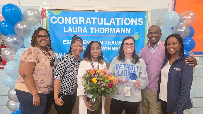 K-8 School in Detroit: Warrendale Charter Academy teacher, Laura Thormann, wins Excellence in Teaching Award.