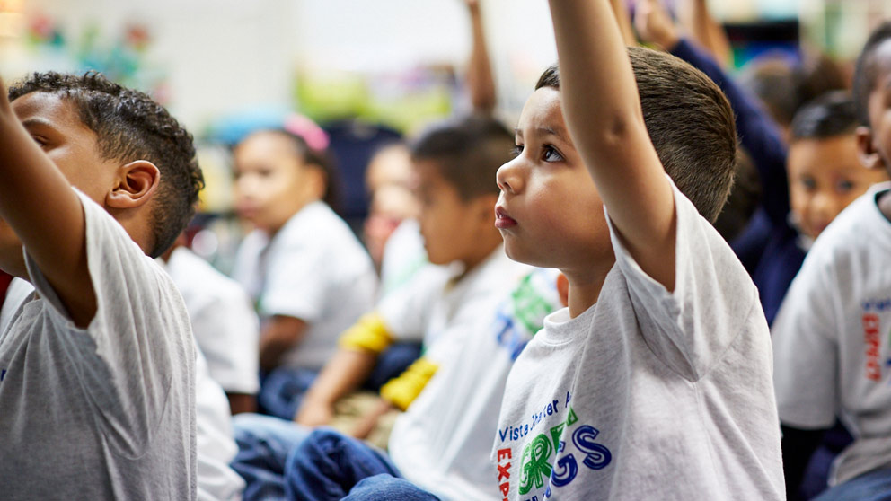Student raising hand in class