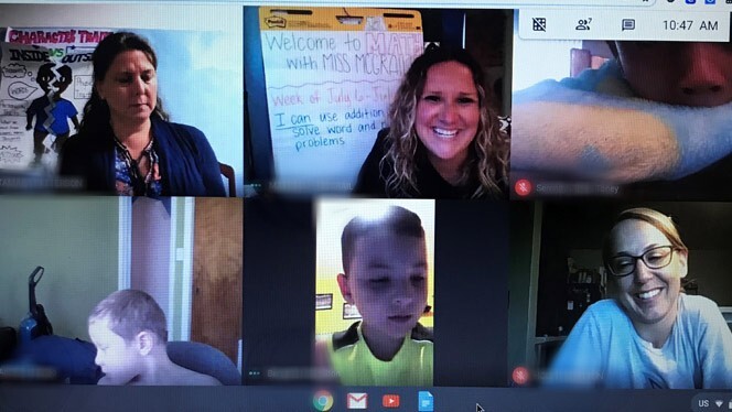 students and teachers on a video call