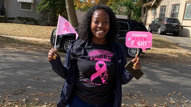 K-8 School in Detroit: Detroit Premier students, families, and staff participate in Breast Cancer Awareness walk.