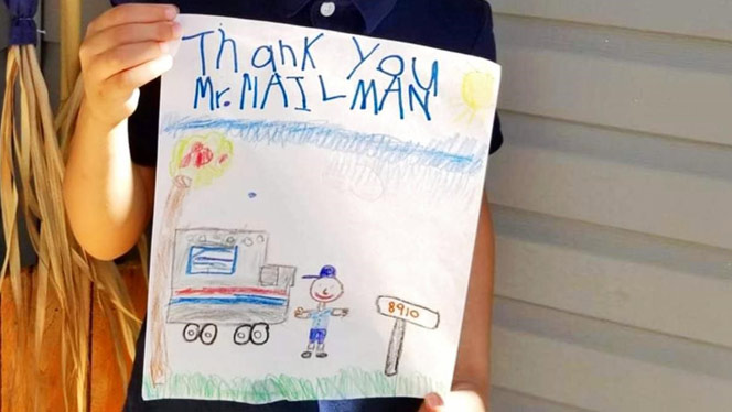 A child's drawing that says Thank you Mr. Mail Man