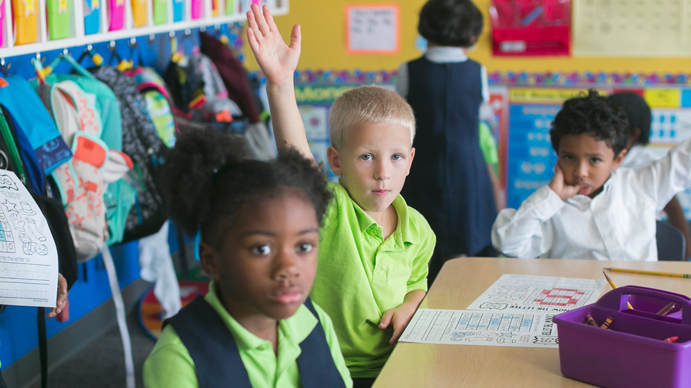 Student raising hand in class