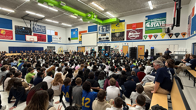 Y5-8 School in Plymouth: Plymouth Scholars staff and families celebrate Michigan Blue Ribbon award.