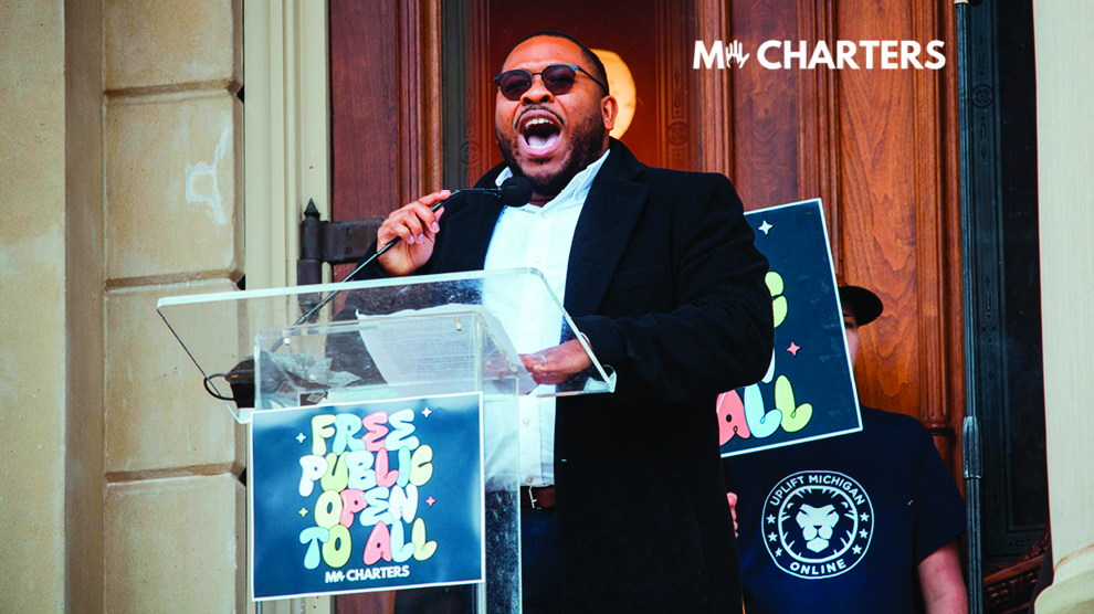 George Copeland addresses crowd at Michigan's state capitol.