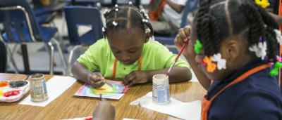 Students painting in classroom