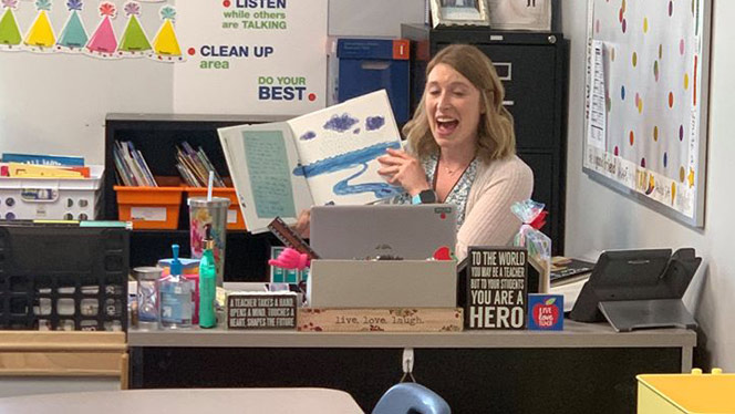 Teacher reading out loud over a video call.