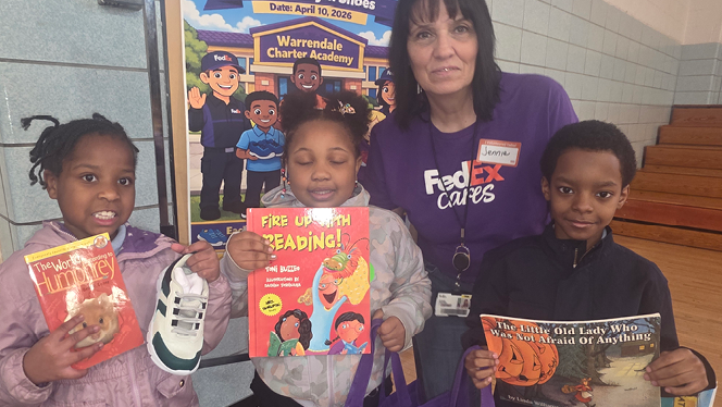 K-8 School in Detroit: Warrendale Charter Academy partners with FedEx Cares to provide students with new shoes and books.