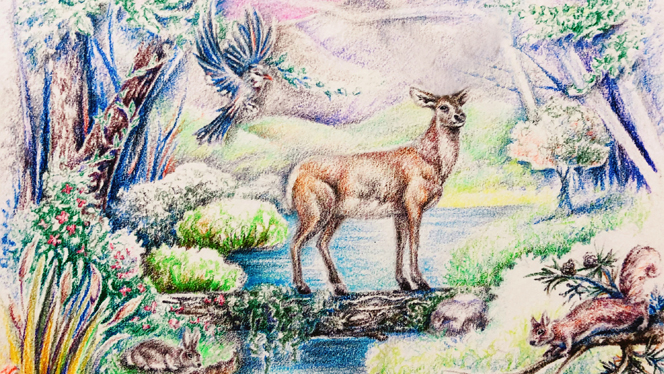 Artwork of a deer and a bird over a river.