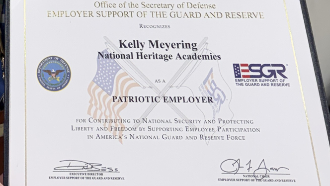 K-8 School in Commerce City: Landmark Academy at Reunion principal is awarded the Patriotic Employer Award.