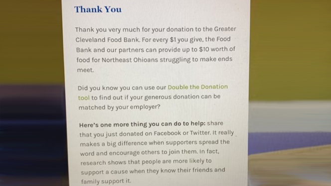 Thank You Letter from Cleveland Food Bank