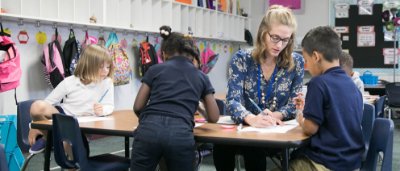 Teacher helping students learn