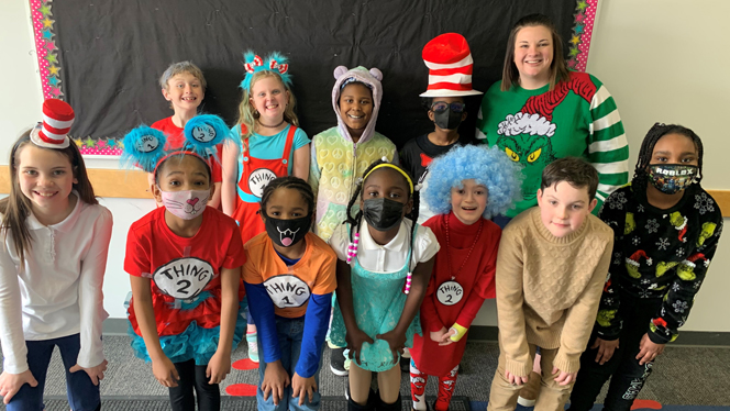 Class dressed as Dr Seuss characters.
