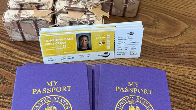 Students were supplied with passports and boarding passes for their “flights.”