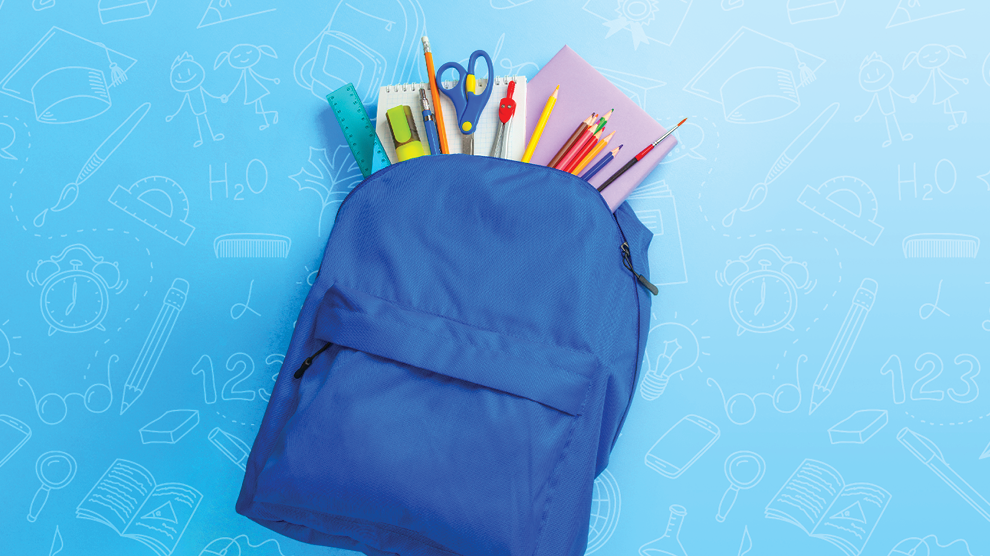 Backpack with supplies sticking out of the top