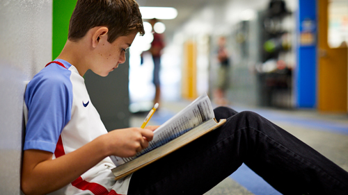 Boy studies in hallway